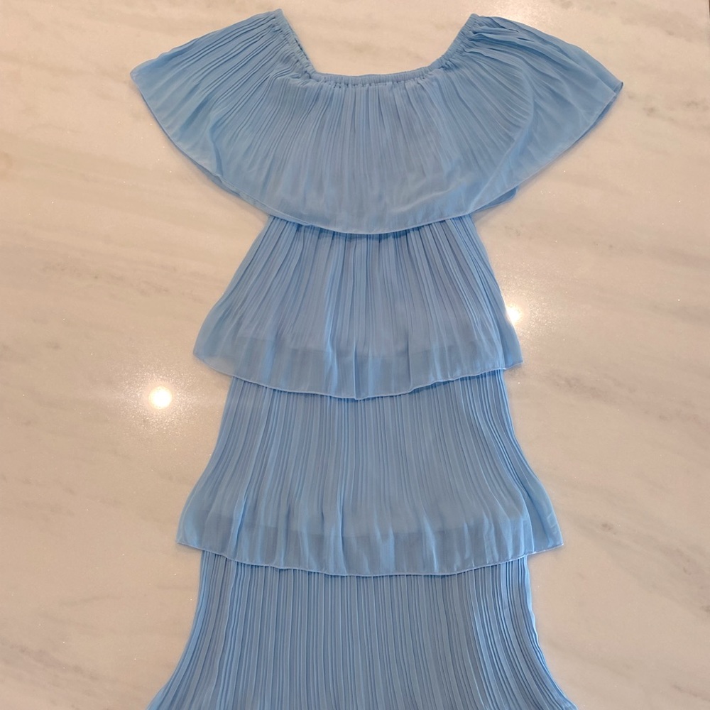 Blue off the shoulder tiered dress!